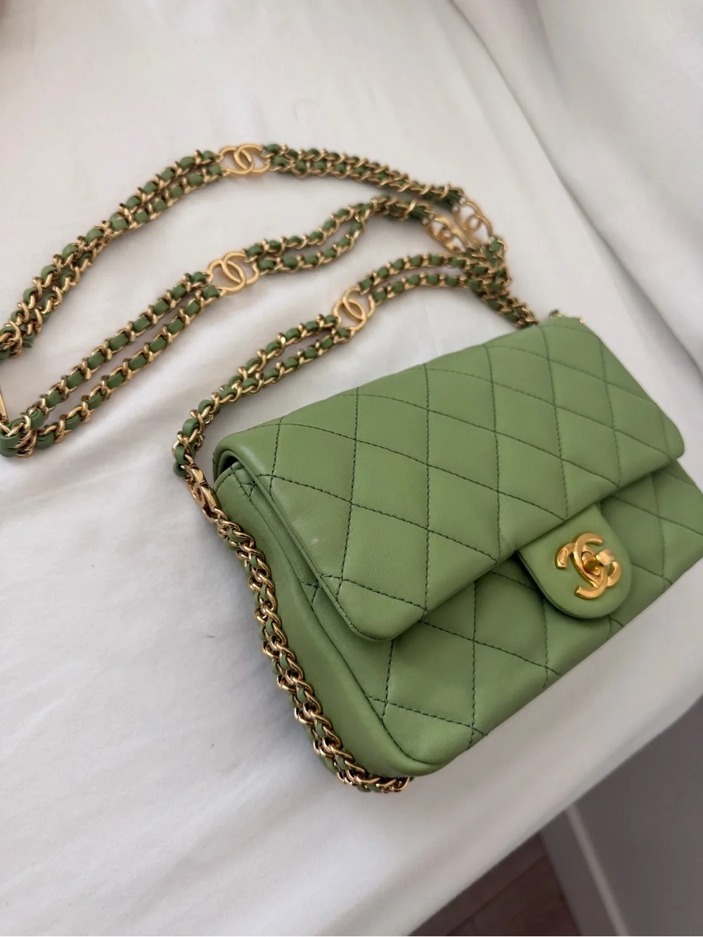 CHANEL Quilted Lambskin Mini Flap Bag in Light Green with Gold Hardware